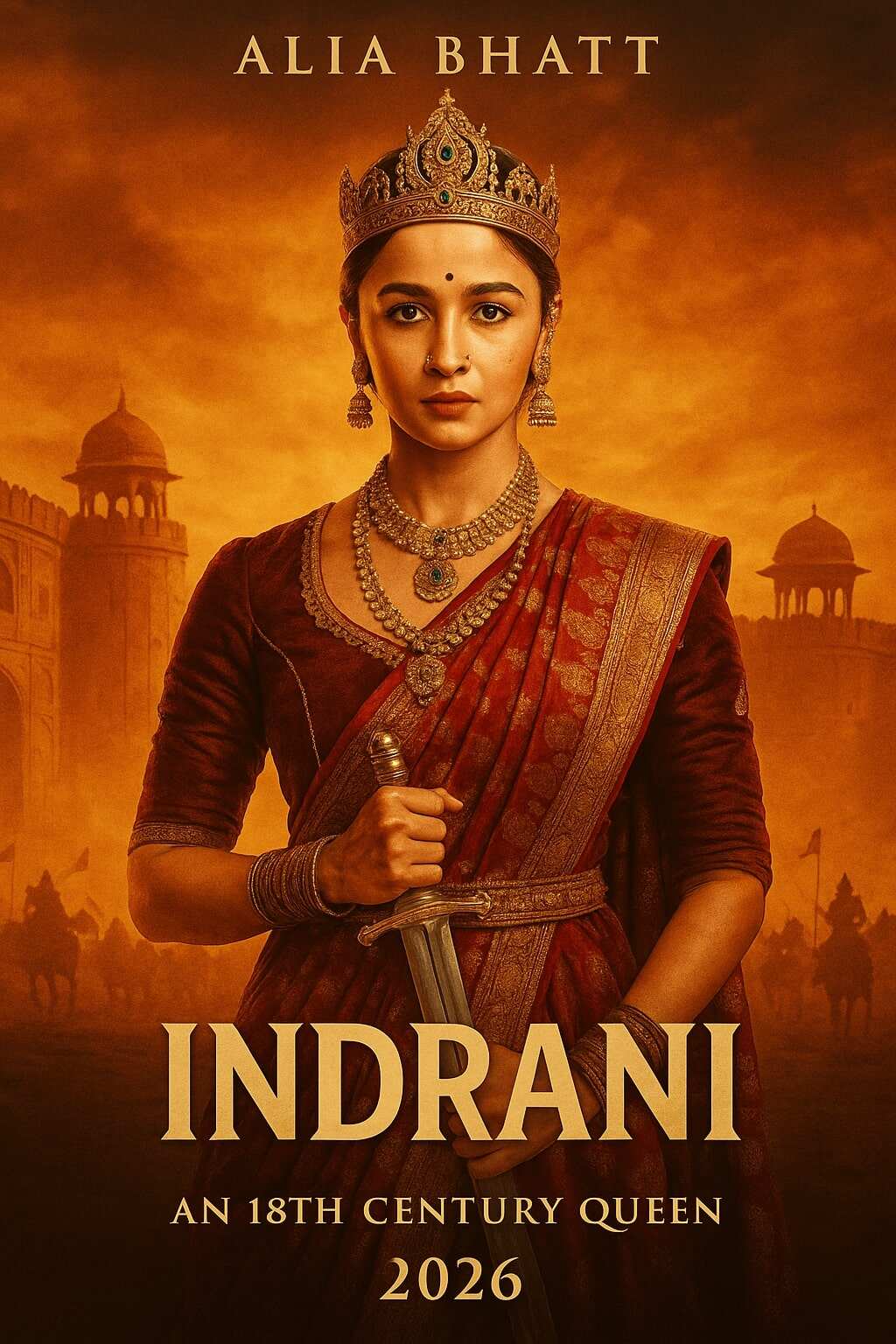 Alia Bhatt as Indrani in royal queen avatar with sword – movie poster 2026