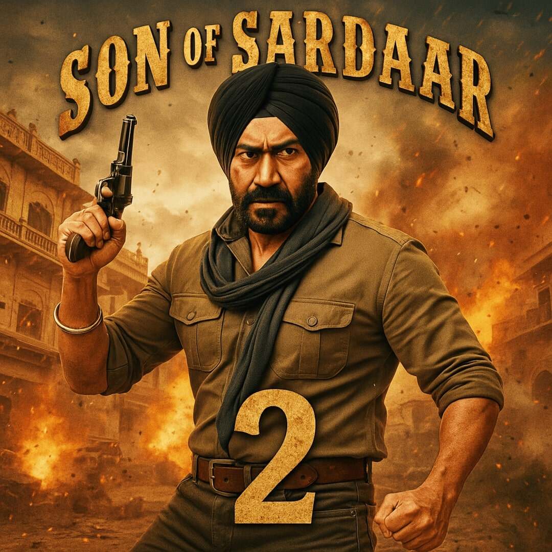 Son of Sardaar 2 movie poster showing action-packed Sikh hero with revolver in battlefield background
